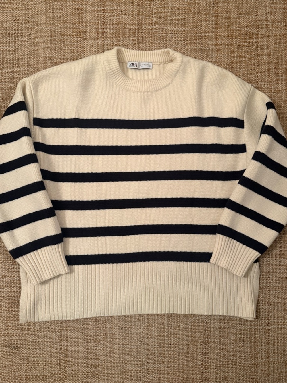 Zara Cream and Navy Striped Crewneck Sweater Knit Medium